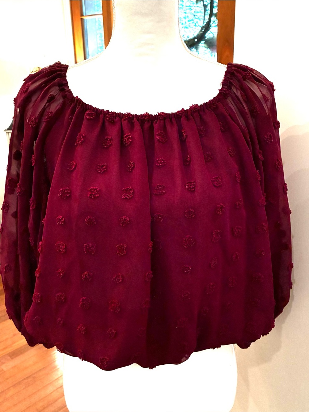 Mod On Trend Women's Burgundy Swiss Dot Cropped Cinched Blouse